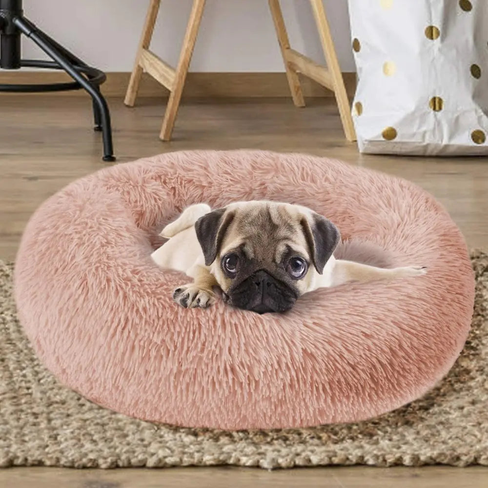 Calming Donut Dog Bed - Orthopedic & Anti-Anxiety, 27" Round Plush Bed For Dogs & Cats - Machine Washable, Pink